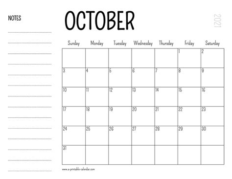 October 2021 Printable Calendar - A Printable Calendar