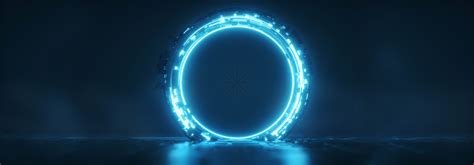 Futuristic blue glowing neon round portal. Sci fi metal construction ...