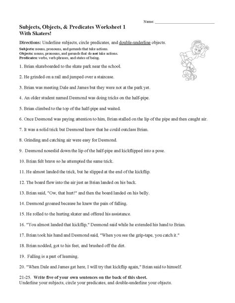 Subjects, Objects, and Predicates with Skaters Worksheet | Sentence ...