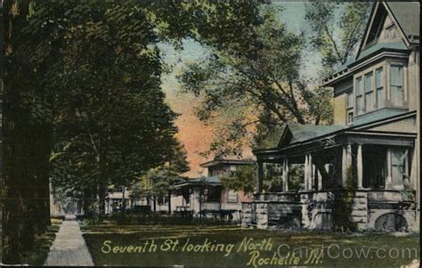 Seventh Street Looking North Rochelle, IL Postcard