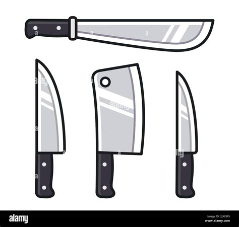 Cartoon knife icon set. Kitchen knives, meat cleaver, machete. Vector ...