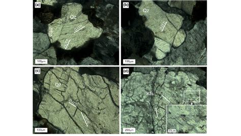 PDFs in shocked granite, sample DEL17. a) Quartz grain with PDFs ...