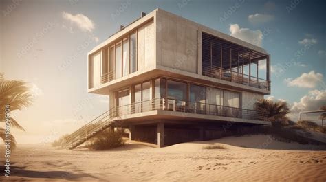 Modern house with panoramic windows on the beach. Modern beach house ...