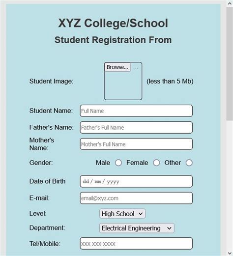 Online Student Registration Form Template with HTML Code | Online ...