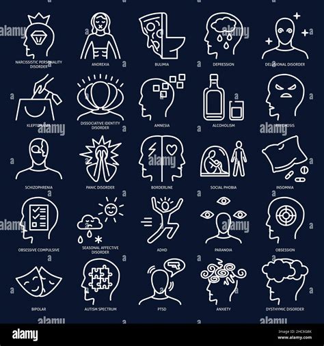 Mental illness icon collection in thin line style. Psychological ...