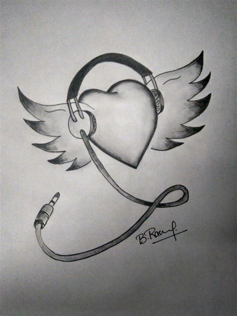 a drawing of a heart with headphones and wings