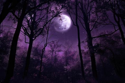 Premium Photo | Dark purple forest at night with the moon and stars ...