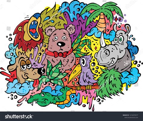 Animals Doodle Art Vector Illustration Cartoon: เวกเตอร์สต็อก (ปลอดค่า ...