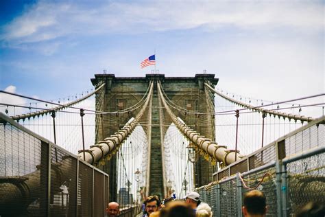 Free Photo: Walkway of Brooklyn Bridge with Pedestrians