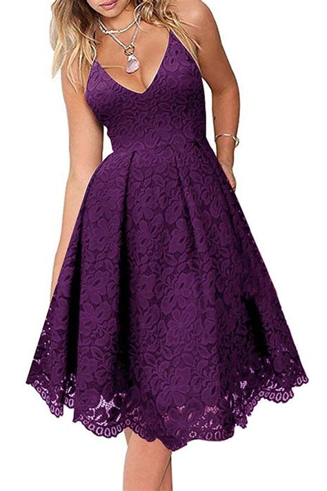 Purple Lace V Neck Backless A-Line Cocktail Party Dress | Sleeveless ...