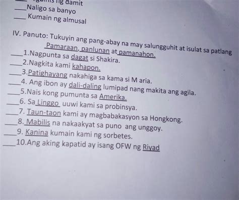 tukuyin ang pang-abay na may salungguhit at isulat sa patlang ng ...