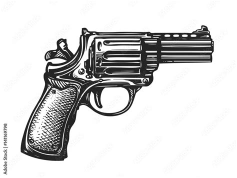 Hand drawn revolver gun. Firearm, pistol sketch. Vintage vector ...