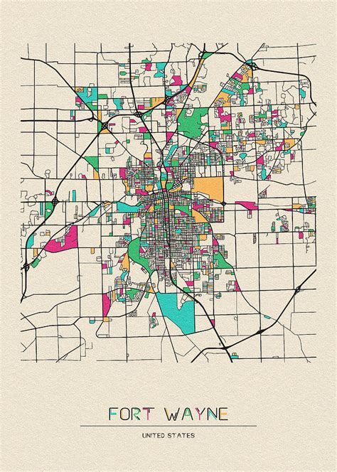 Fort Wayne, Indiana City Map Drawing by Inspirowl Design - Pixels