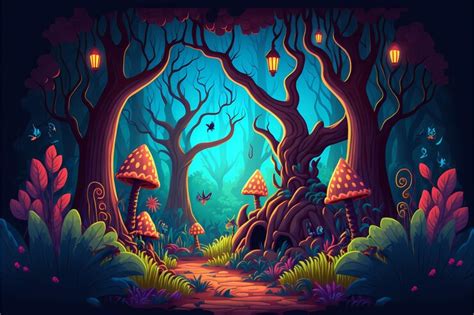 Premium Photo | Background mystical forest illustration, Cartoon Style ...