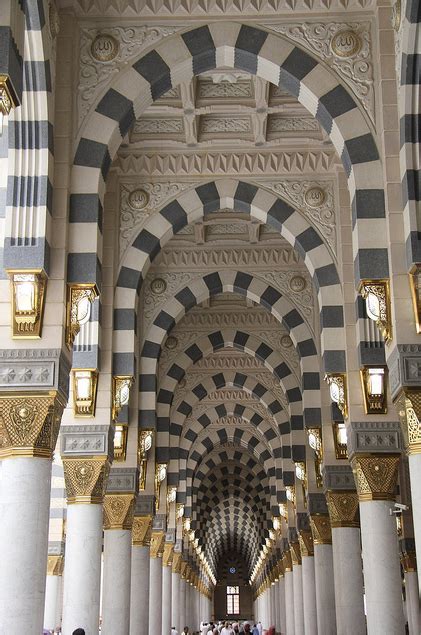 Interior architecture of Masjid al Nabawl. Madina, SAUDI ARABIA ...