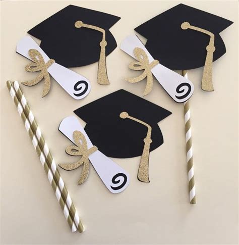 GOLD GRADUATION HAT centerpiece picks, glittery gold white black ...