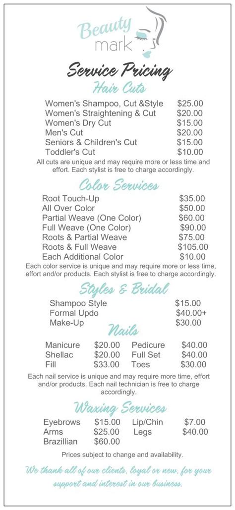 Salon Service Menu w/ diff. haircut options | Salon services, Hair ...