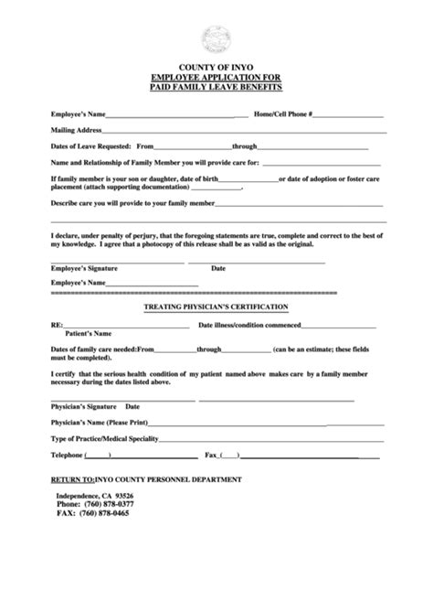 Paid Family Leave Claim Form - Inyo County printable pdf download