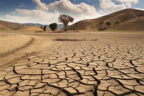 Drought-stricken Landscape, with Dry and Cracked Earth Stock Photo ...