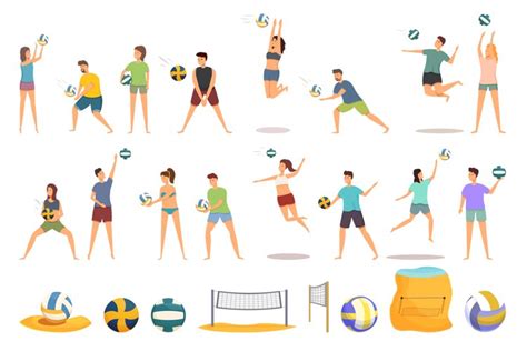 Beach volleyball icons set cartoon vector. Net court