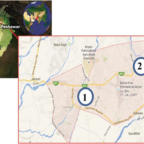 Map of Peshawar Peshawar District is encircled, while the two hospitals ...