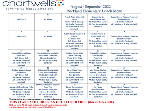 August/September Breakfast and Lunch Menus | Rockland Public Schools