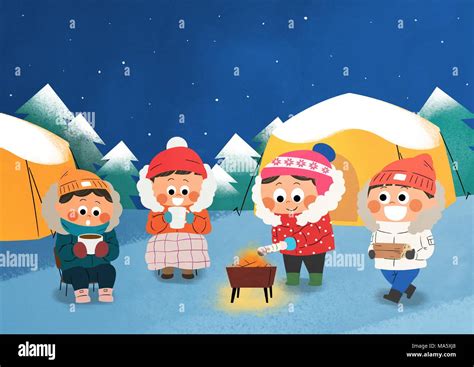 Vector illustration - children who enjoying winter activities during ...