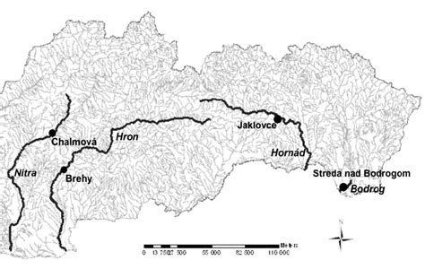 Map of Slovakia with the selected Slovak rivers and gauging stations ...