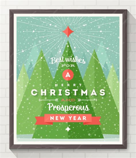 Premium Vector | Poster with christmas tree and type design in wooden frame