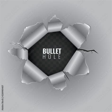 Bullet hole in hard metal material with ripped steel edges. Vector ...