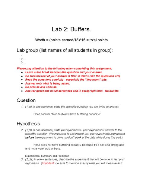 Lab 2 The scientific Method: Buffer - Lab 2: Buffers. Worth = (points ...