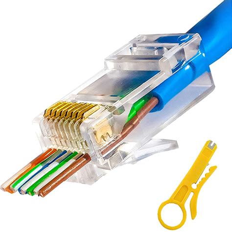 RJ45 Cat6 Cat5e Pass Through Connectors 100 Packs Gold Plated 3 Prong ...