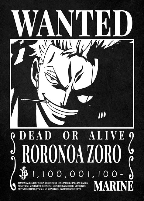 'One Piece Wanted Zoro' Poster by Anime Black and White | Displate in ...