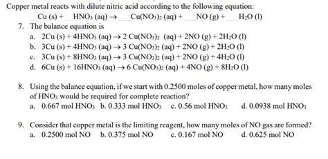 Solved Copper metal reacts with dilute nitric acid according | Chegg.com