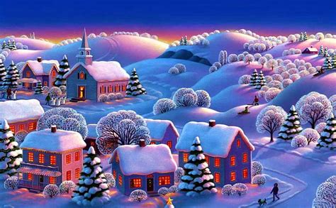 Winter Village, snow, houses, painting, church, trees, artwork, HD ...