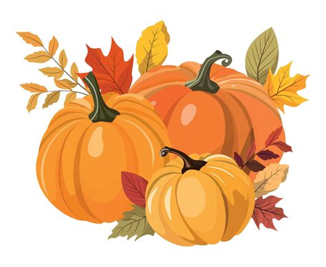 Colorful autumn pumpkins and forest leaves clipart. Vector illustration ...