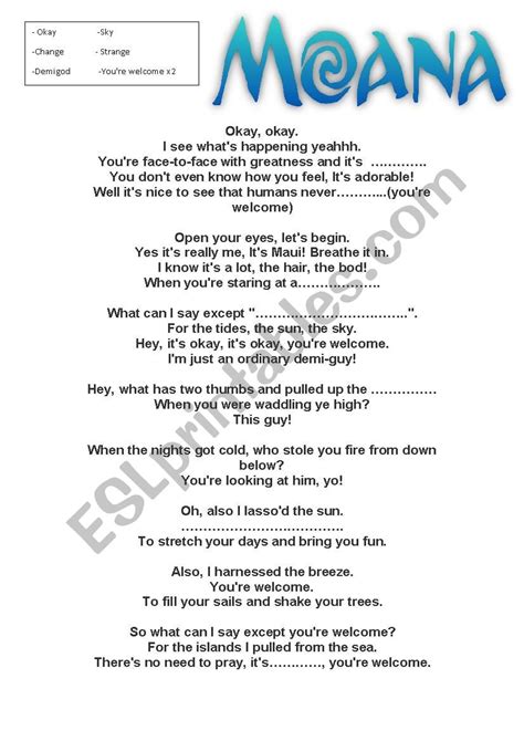 You're Welcome Lyrics Printable