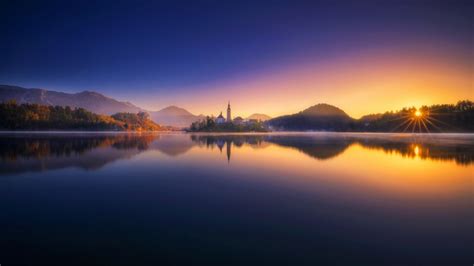 clouds, sunrise, lake, reflection, Lake Bled, nature, Slovenia, church ...