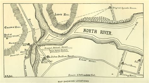 A map of Salem in 1692, drawn by historian Sidney Perley, shows Gallows ...