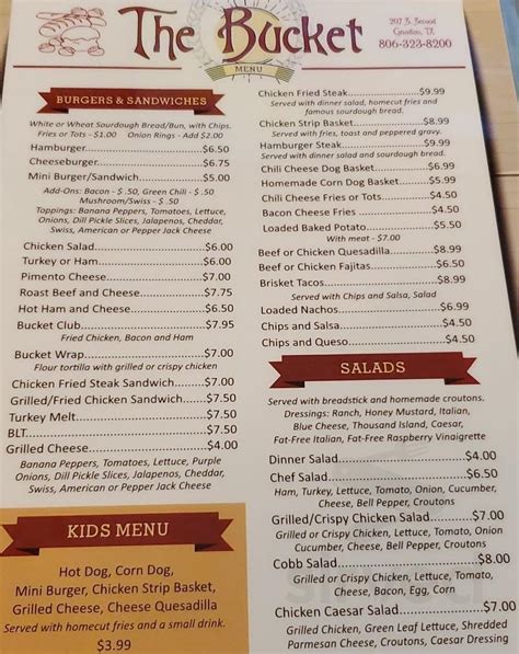 Menu for The Bucket in Canadian, TX | Sirved