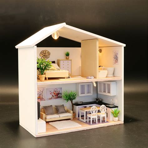 DIY LED Light Miniature Wooden Dollhouse Kit Toy Doll House Model ...