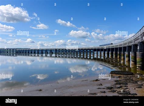 The Tay railway bridge from the river Tay riverside walk. Dundee ...