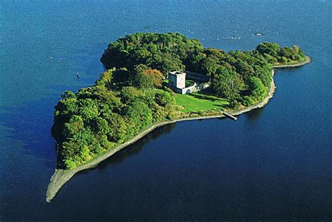 an island in the middle of water surrounded by trees and grass, with a ...