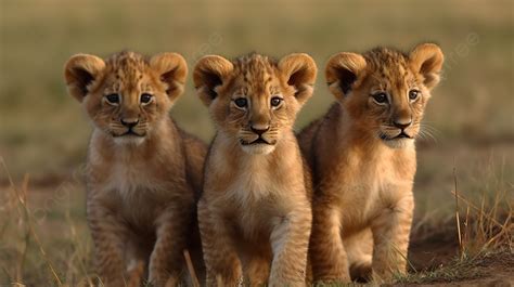 Three Lion Cubs Standing In The Field Background, Lion Cubs Picture ...