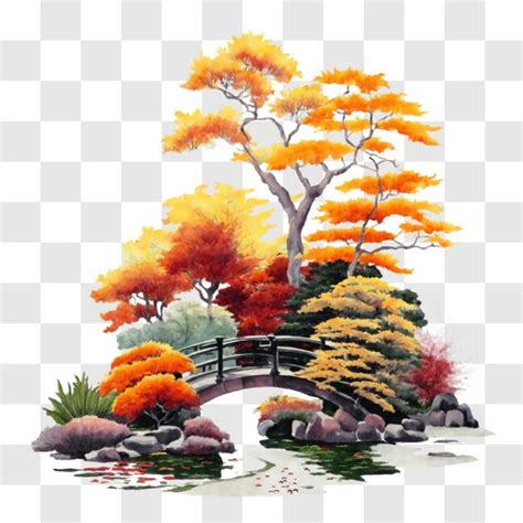 Download Beautiful Autumn Bridge Painting PNG Online - Creative Fabrica