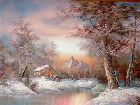 WINTER SCENE OIL PAINTING CABIN IN WOODS SNOWY SUNSET BY I CAFIERI ...