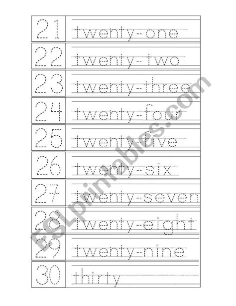 Trace Numbers from 21 to 30 - ESL worksheet by SandraMarin