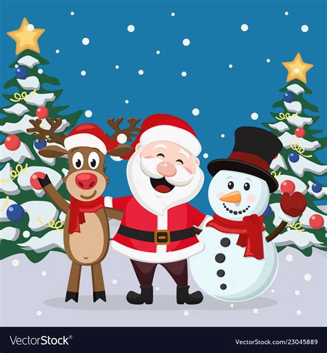 Santa claus with deer and snowman on winter Vector Image