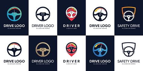 Set bundle of driver logo design with steering and creative element ...