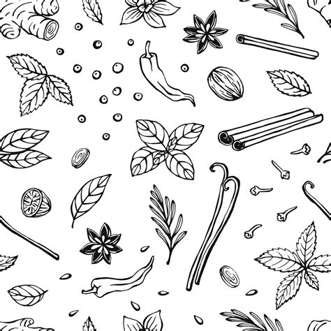 Seamless pattern with herbs and spices. Hand drawn vector illustration ...